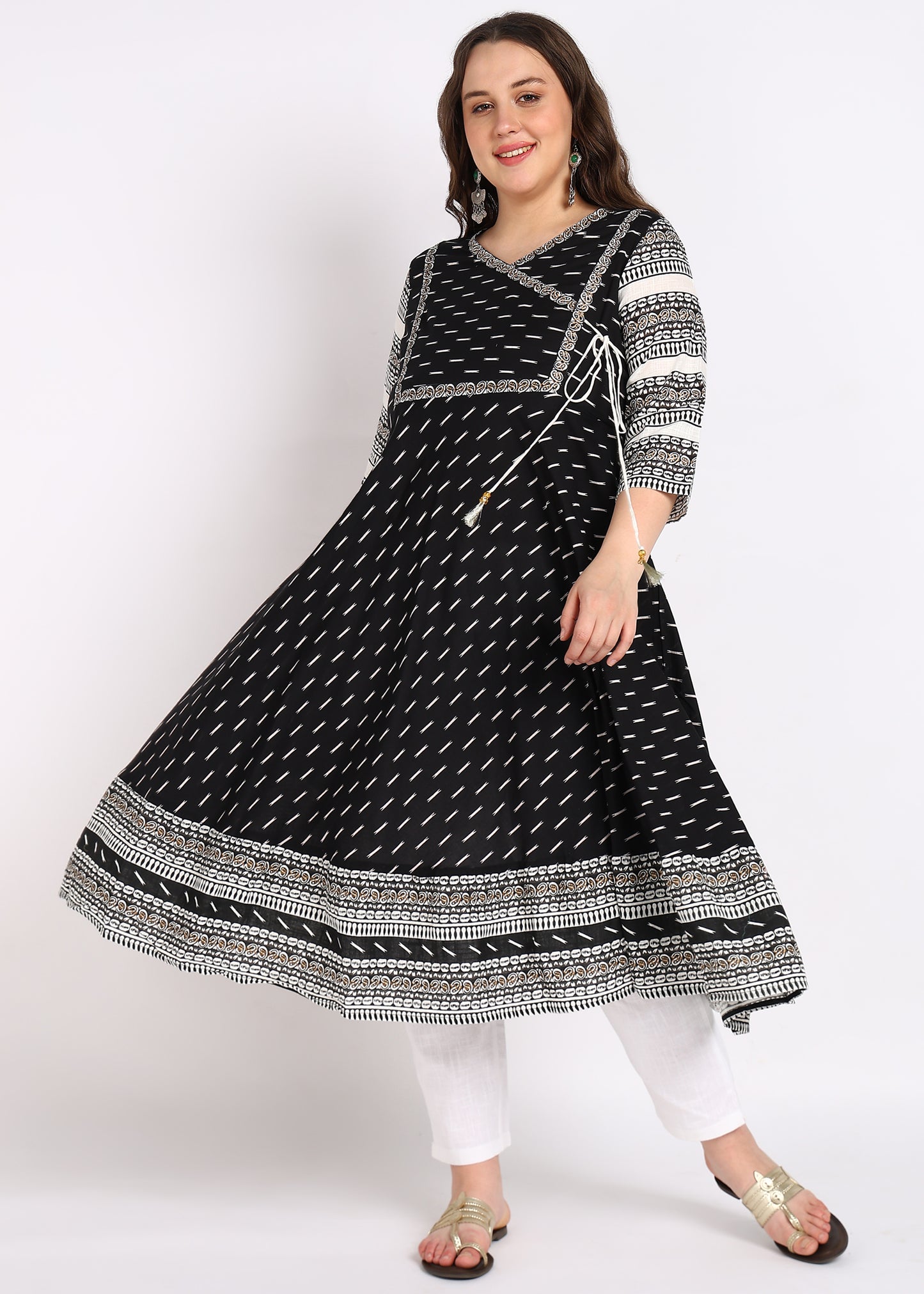 Plus Size Black Cotton Angrakha Kurta with Designer Yoke