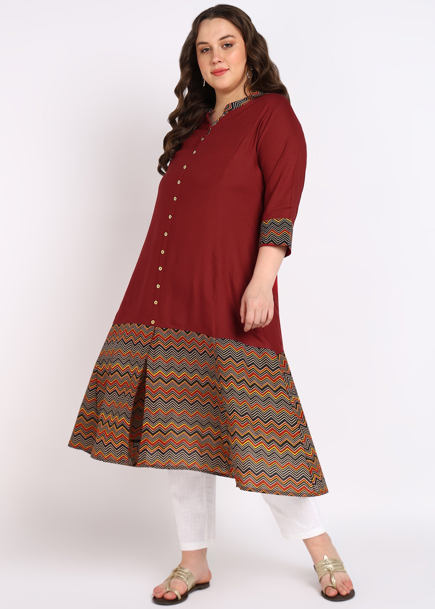 Plus Size Black Zig-Zag Printed A-Line Kurta