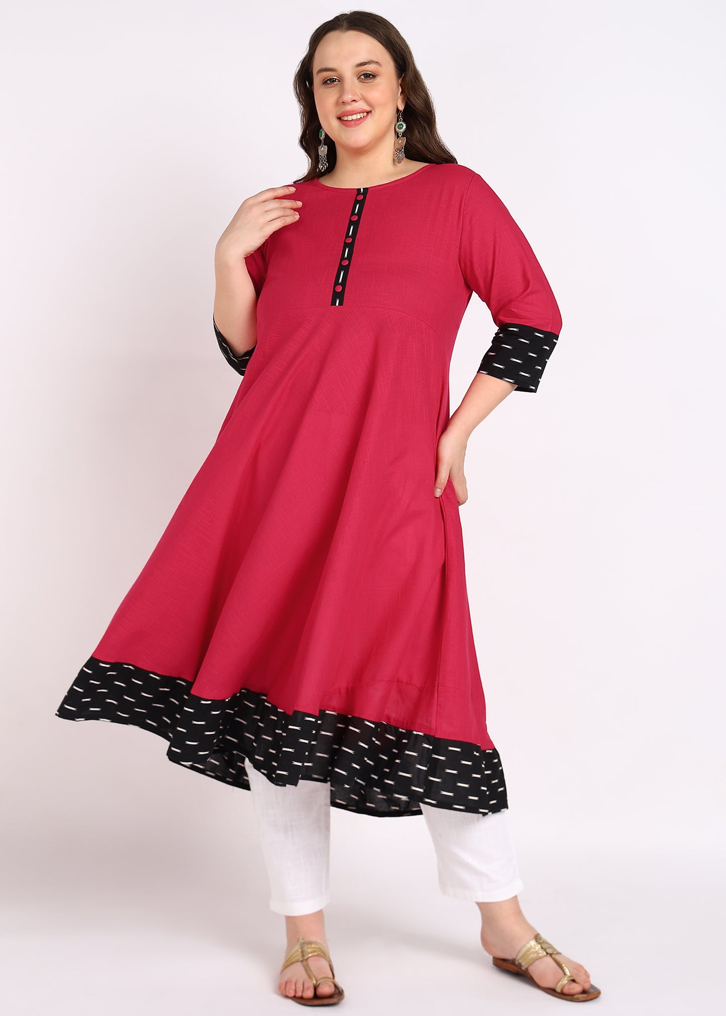 PLUS SIZE KURTA Women's Cotton Slub Plain Dye Anarkali Kurta (Pink)