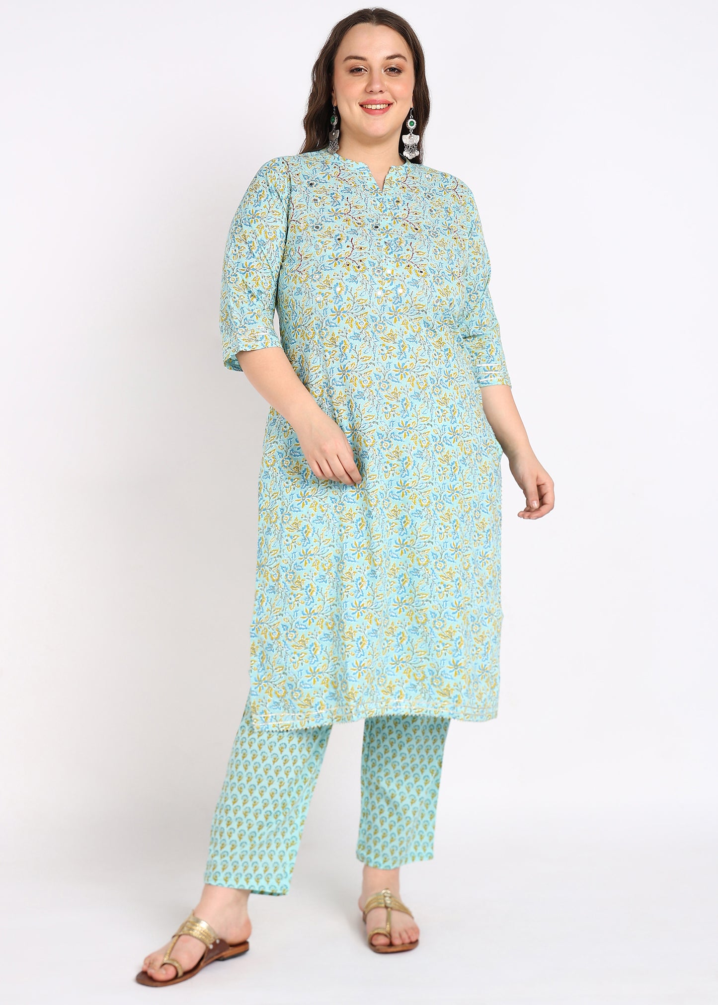Floral Printed Straight Kurti – Elegant Embroidery & Coordinated Set