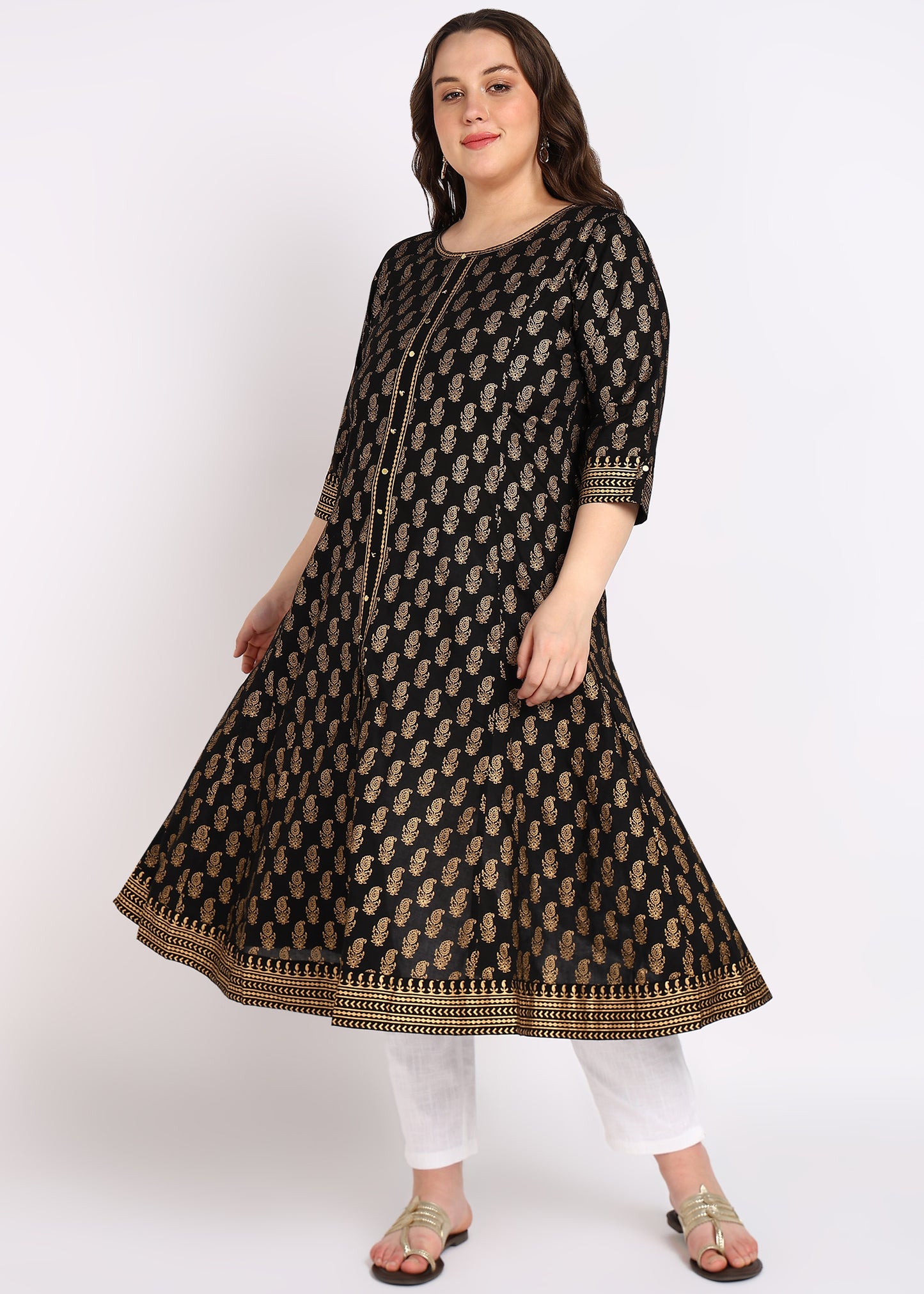 PLUS SIZE KURTA Women's Cotton Gold Print Anarkali Kurta