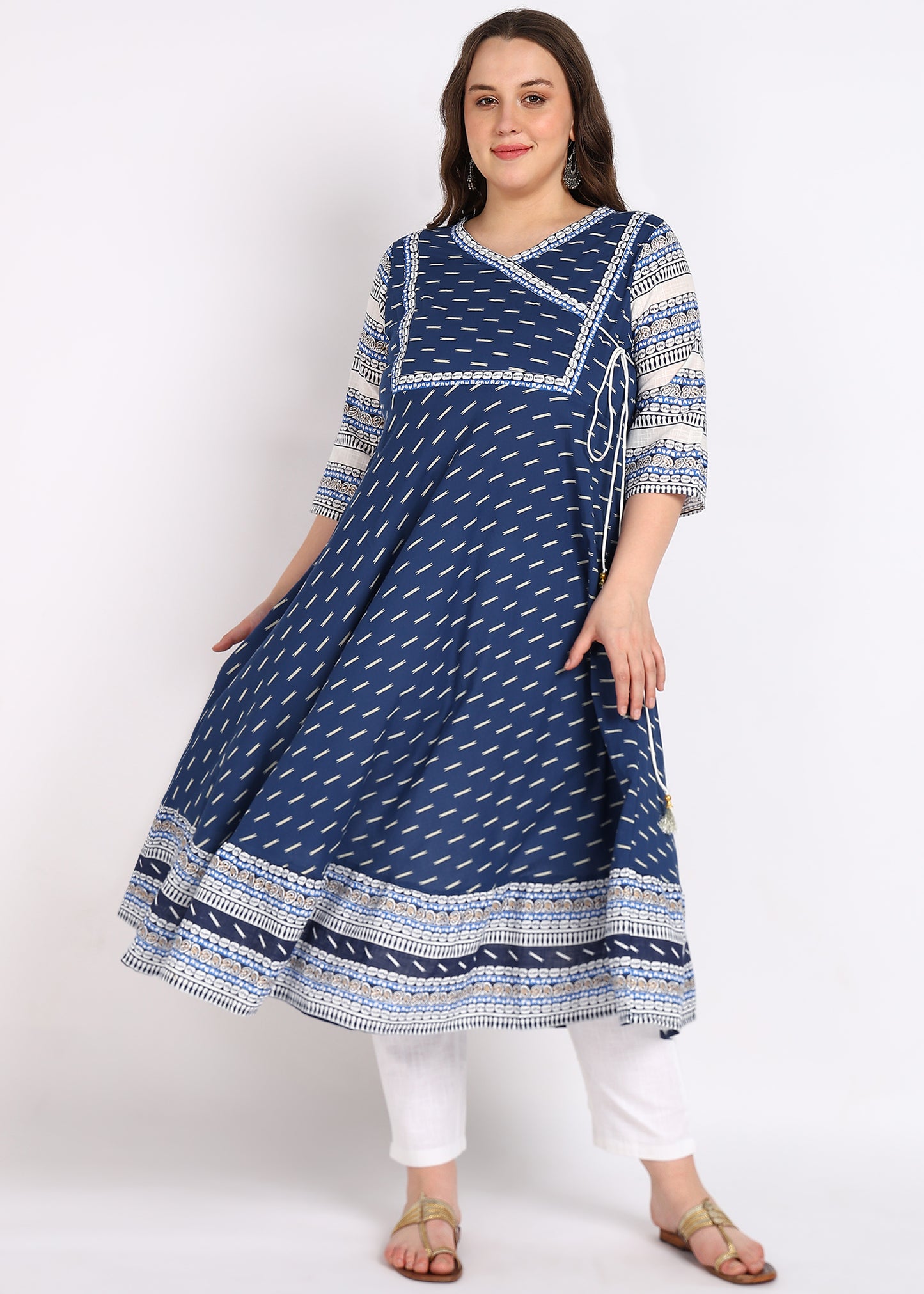 Plus Size Black Cotton Angrakha Kurta with Designer Yoke