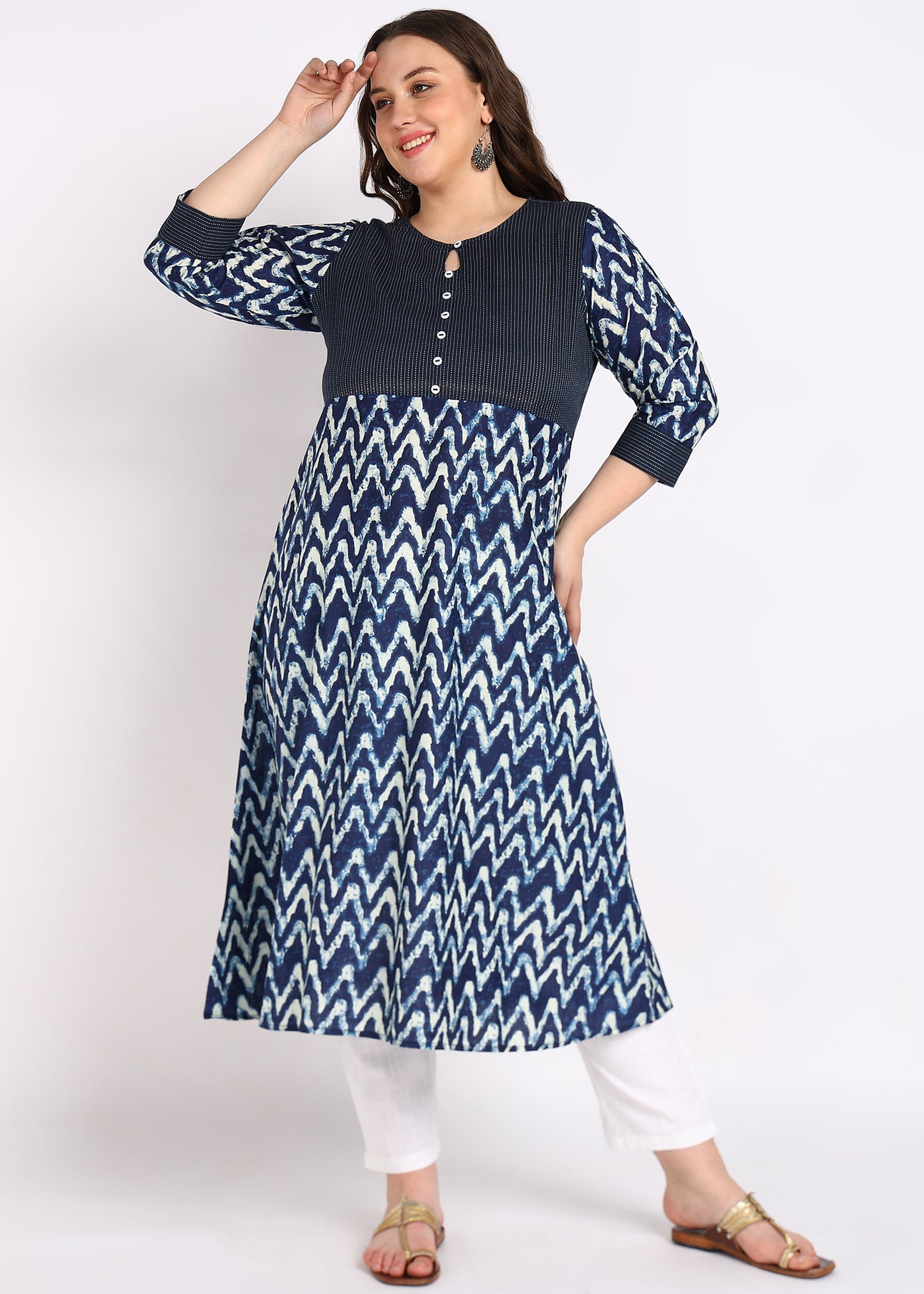 Blue Chevron Print A-Line Kurta – Elegant Kaantha Work & Button Embellishments
