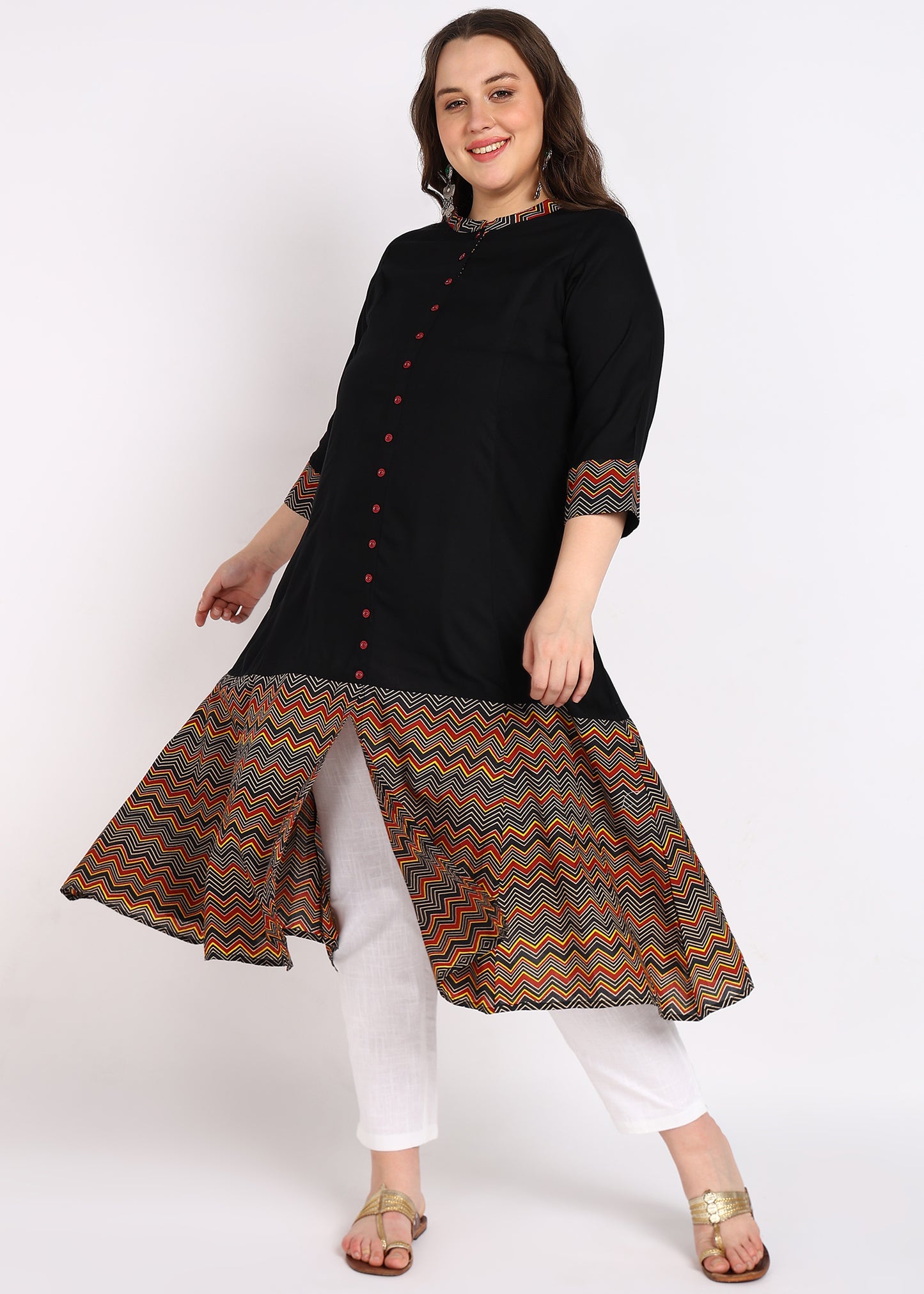 Plus Size Black Zig-Zag Printed A-Line Kurta