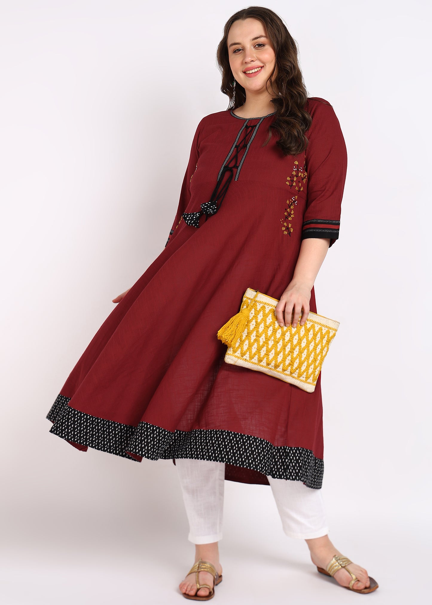 PLUS SIZE KURTA Women's Cotton Slub Embroidered Anarkali Kurta (Maroon)