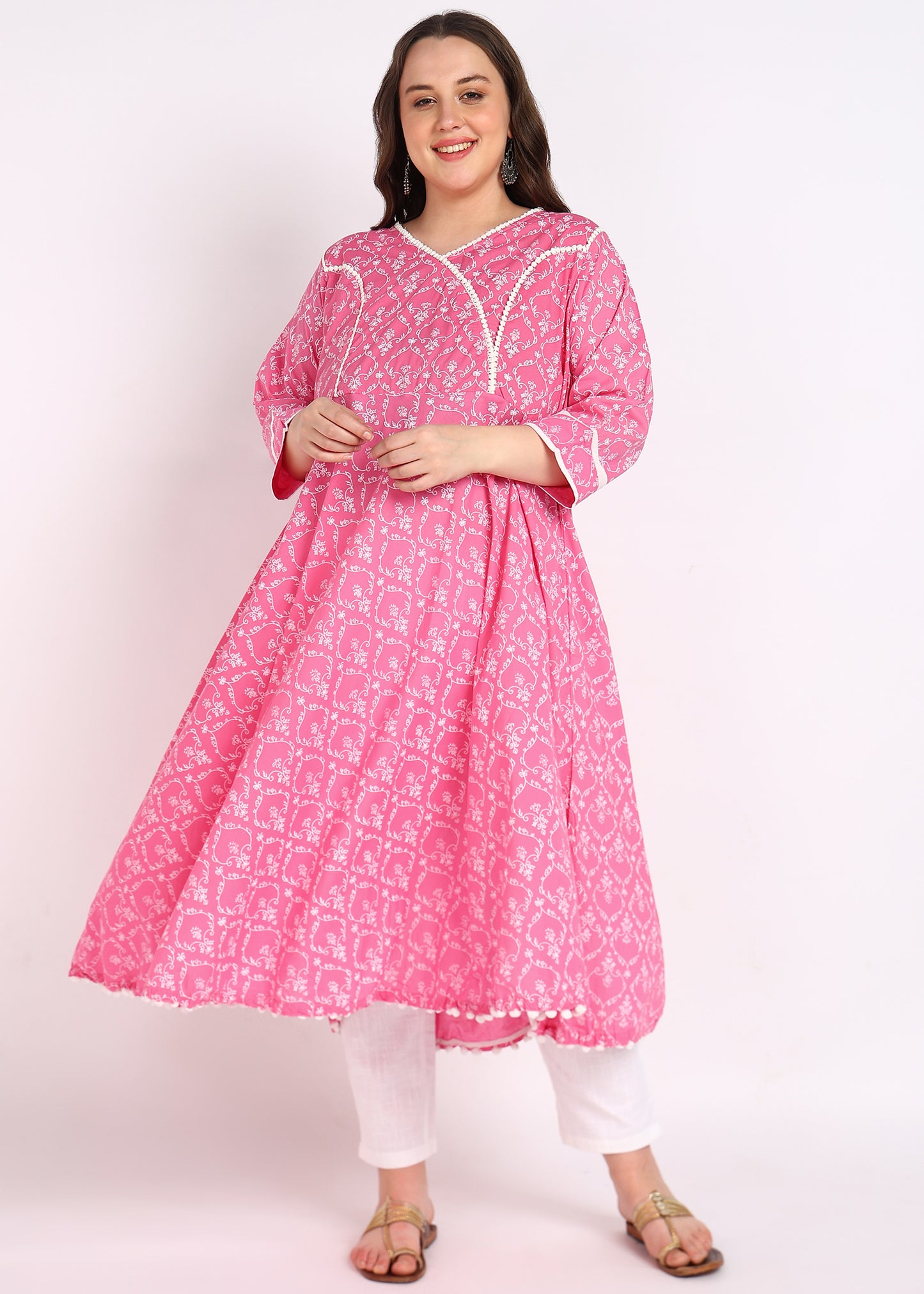 Plus Size Pink Printed A-Line Kurta