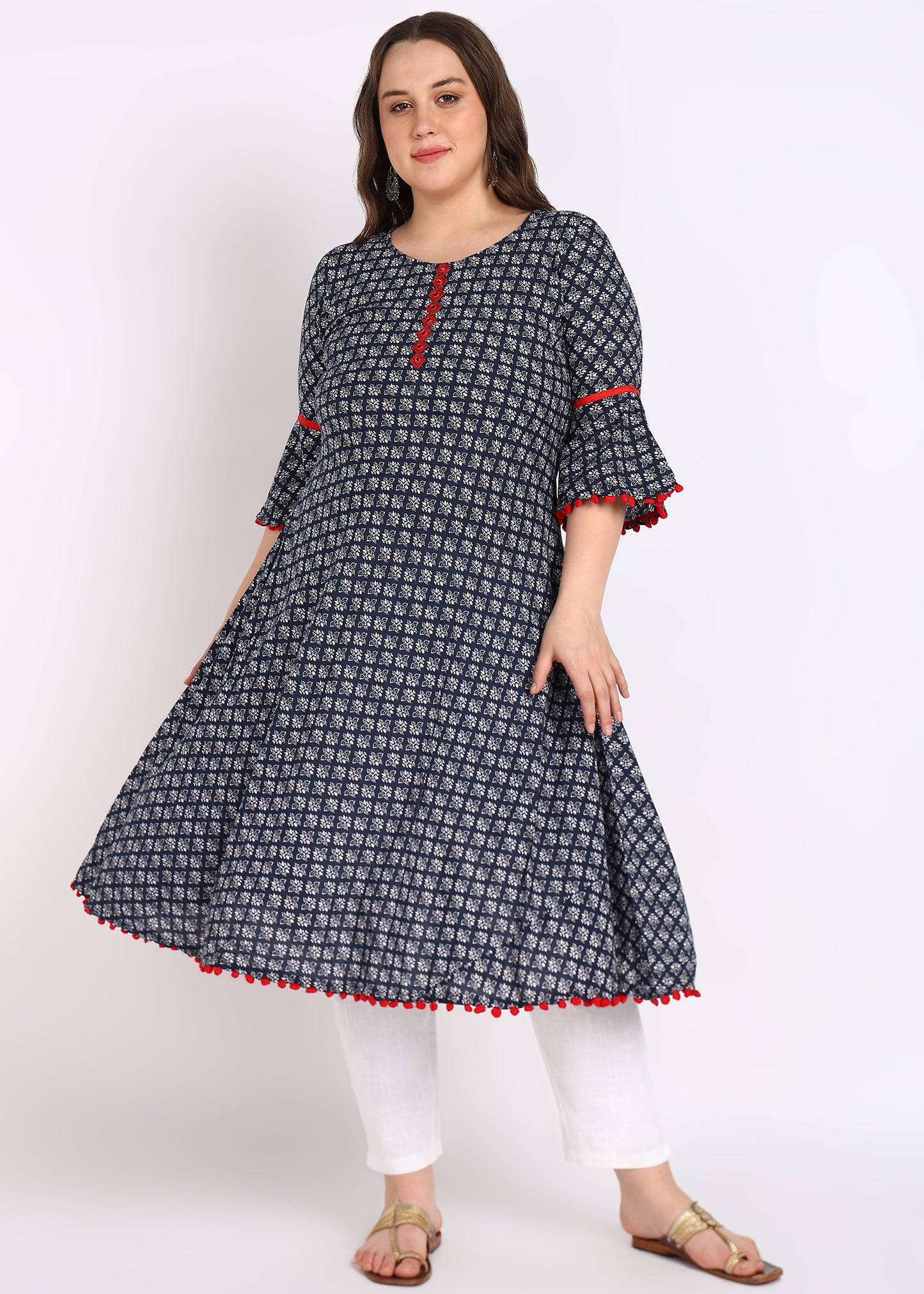 Plus Size Blue Printed Mirror Work A-Line Kurta – Cambric Cotton