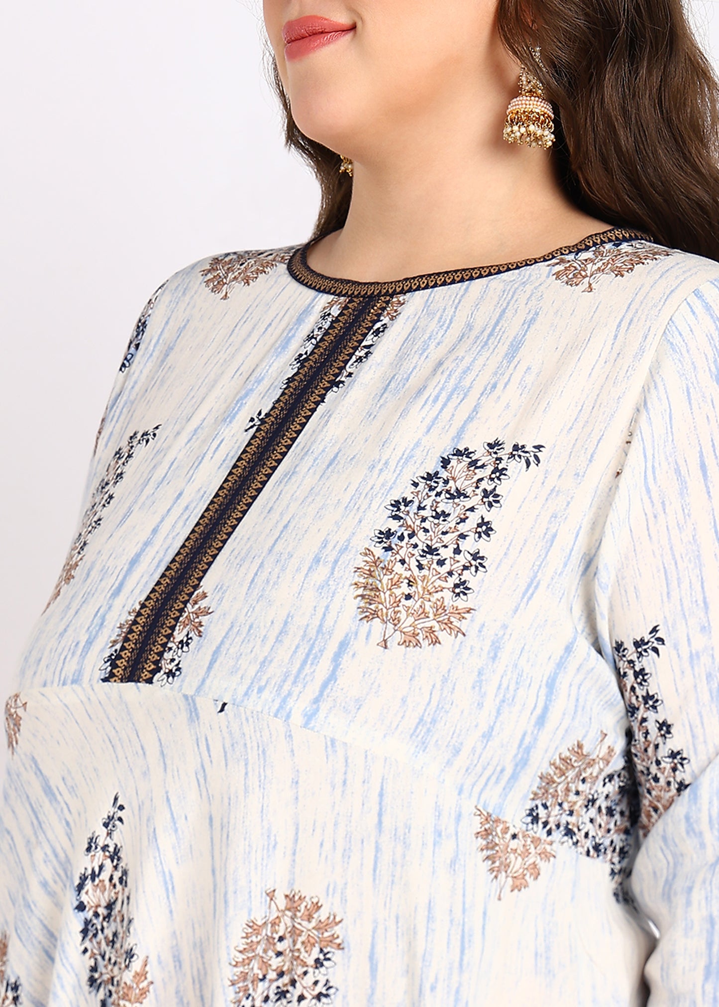 Plus Size Off-White Printed A-Line Kurta Rayon Tie Dye Floral Print