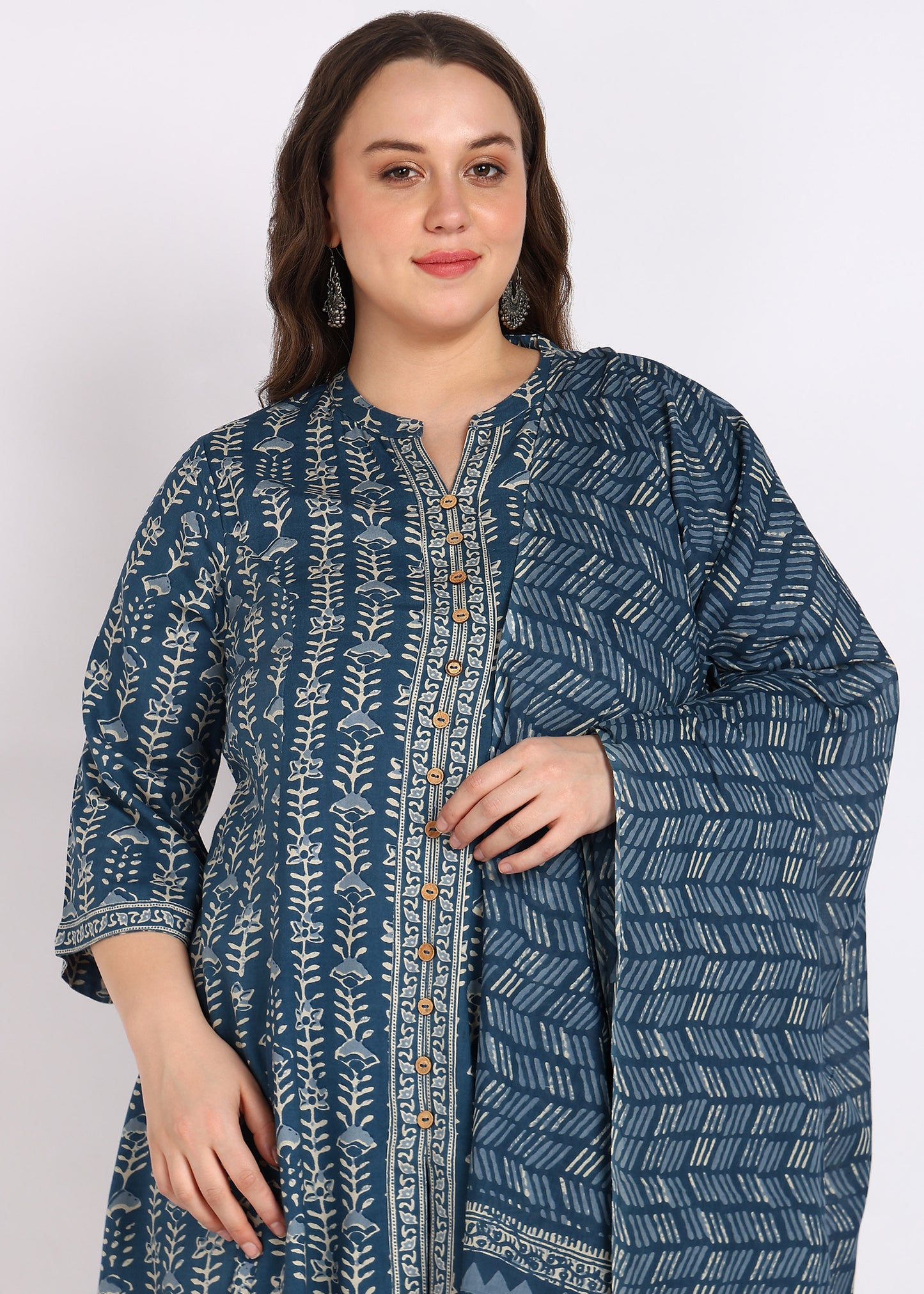 Plus Size Blue Floral Printed Anarkali Kurta with Pant & Dupatta Set