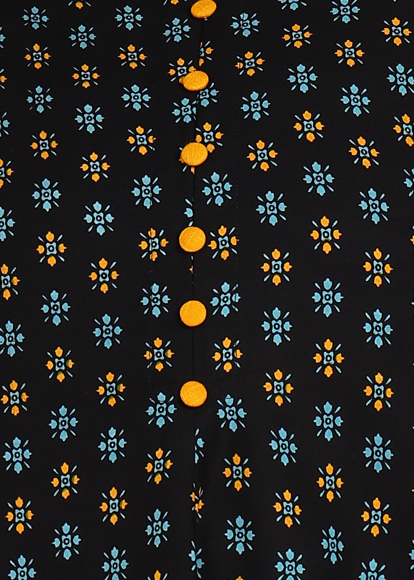 Plus Size Black Floral Printed A-Line Kurta with Yellow Button Detailing