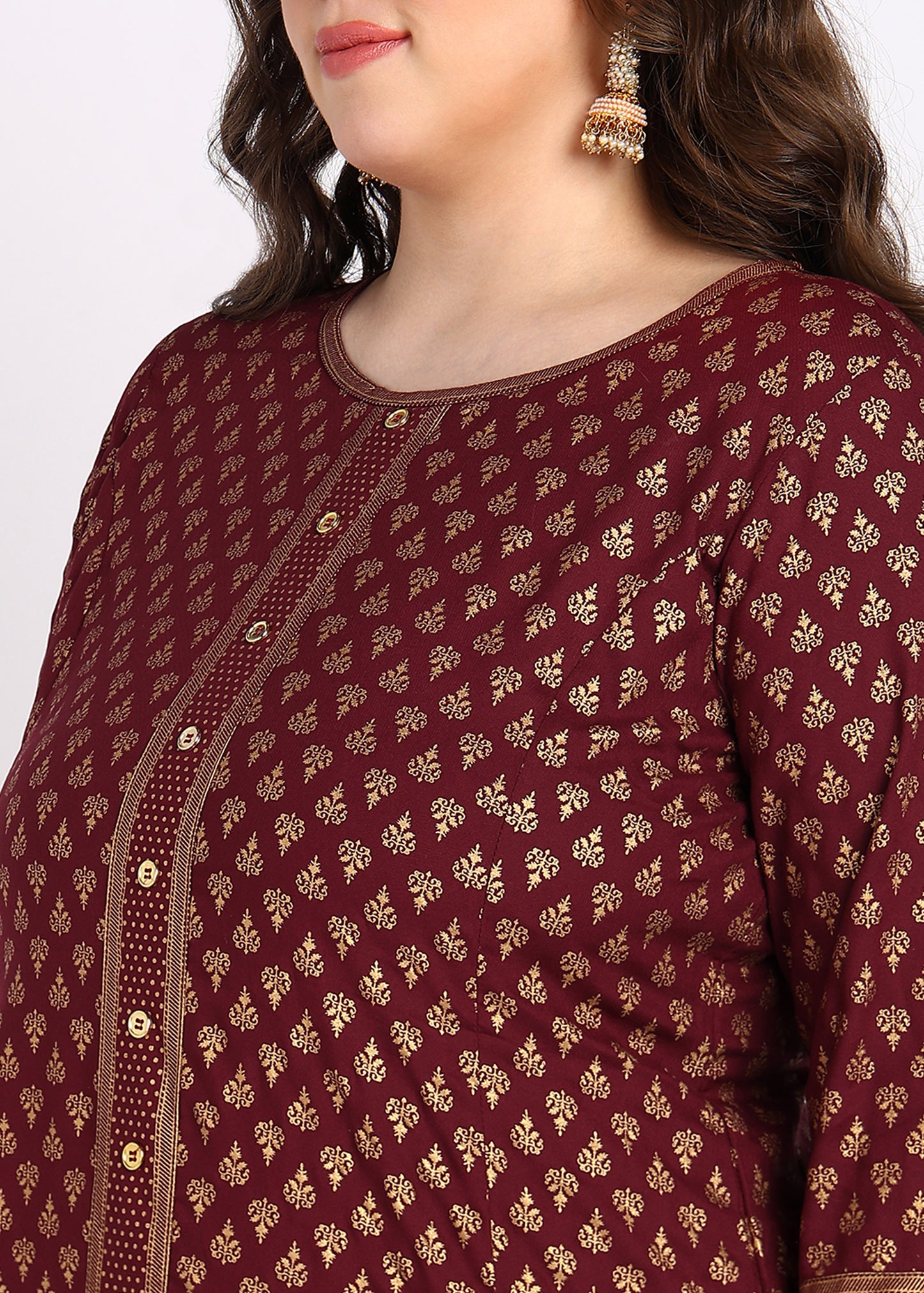 Plus Size Maroon Buti Printed A-Line Kurta