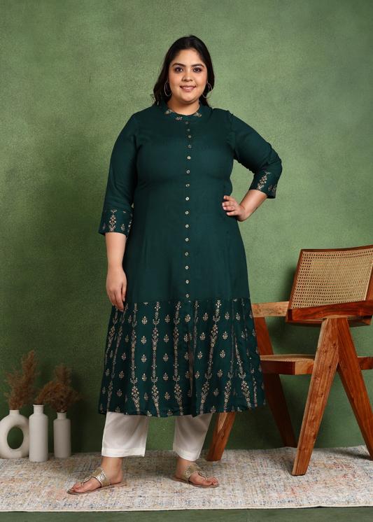 Plus Size Kurta Women's Rayon Floral Printed 3/4th Sleeve Regular Fit Mandarin collar A-Line Kurta