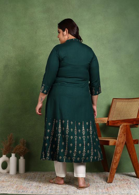 Plus Size Kurta Women's Rayon Floral Printed 3/4th Sleeve Regular Fit Mandarin collar A-Line Kurta