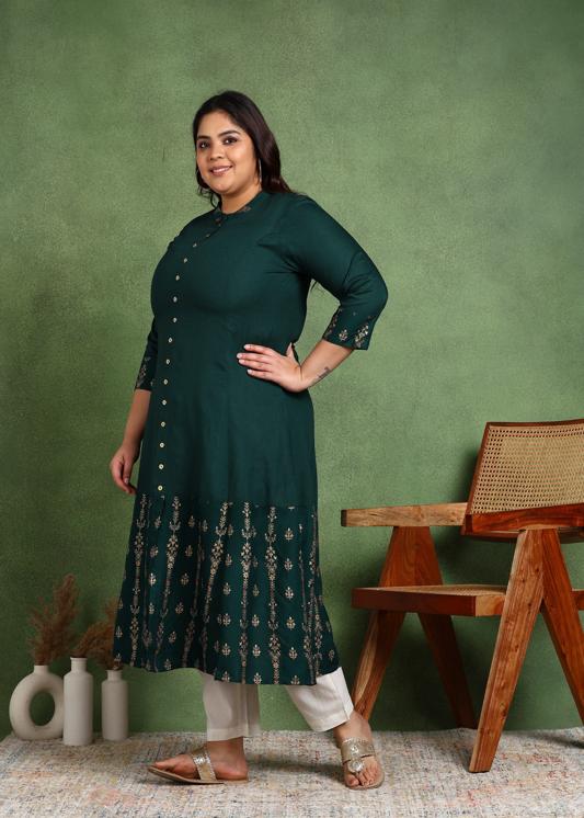 Plus Size Kurta Women's Rayon Floral Printed 3/4th Sleeve Regular Fit Mandarin collar A-Line Kurta