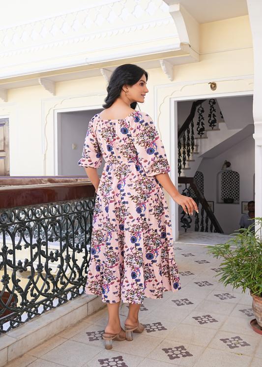 Plus Size Kurta Women's Rayon Floral Printed Square Neck 3/4th Sleeve Tiered Style Casual Maxi Dress