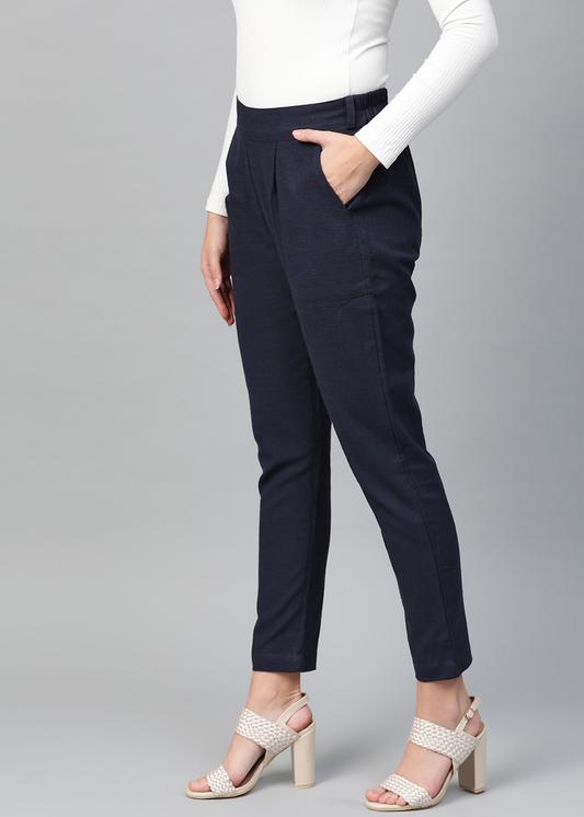 Cotton Slub Solid Regular Fit Casual Trouser Pants